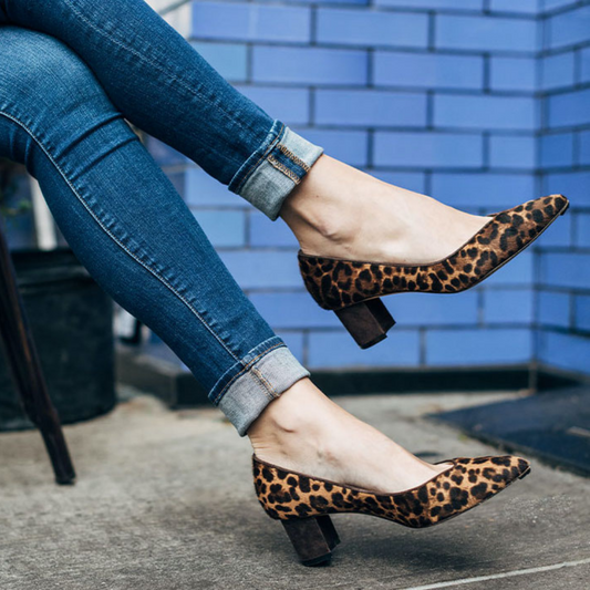 50mm Italian Made Pointed Toe Perfect Emma Pump in Chocolate Leopard Hair Calf
