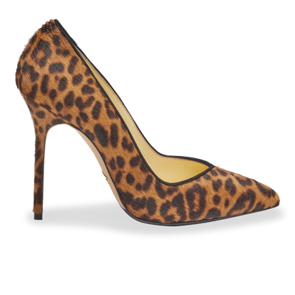 100m Italian Made Pointed Toe Pump in Chocolate Leopard Hair Calf